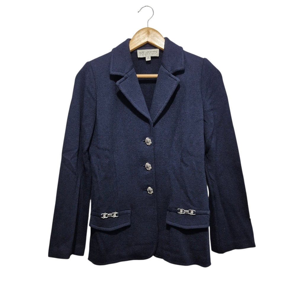 St John Santana Knit Structured Blazer SIZE 6 VTG Navy Horsebit Old Money Luxury